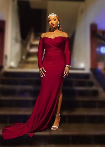 Womens Off Shoulder Sexy V Neck High Split Long Maxi Dress, Formal Cocktail Party Evening Gown Mermaid Dress in Kuwait