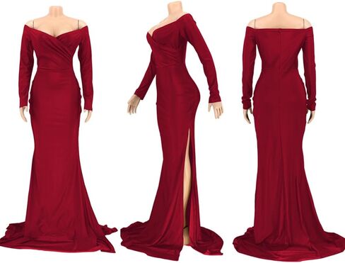 Womens Off Shoulder Sexy V Neck High Split Long Maxi Dress, Formal Cocktail Party Evening Gown Mermaid Dress in Kuwait