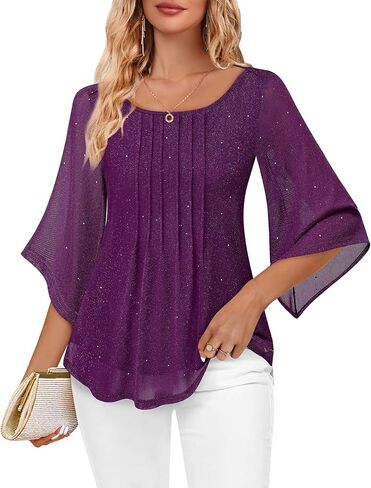 Youtalia Dressy Tops for Women Formal Elegant Blouses 3/4 Sleeve Sparkly Cocktail Party Evening Shirts in Saudi Arabia