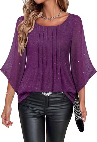 Youtalia Dressy Tops for Women Formal Elegant Blouses 3/4 Sleeve Sparkly Cocktail Party Evening Shirts in Saudi Arabia