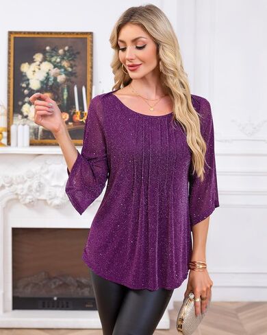 Youtalia Dressy Tops for Women Formal Elegant Blouses 3/4 Sleeve Sparkly Cocktail Party Evening Shirts in Saudi Arabia