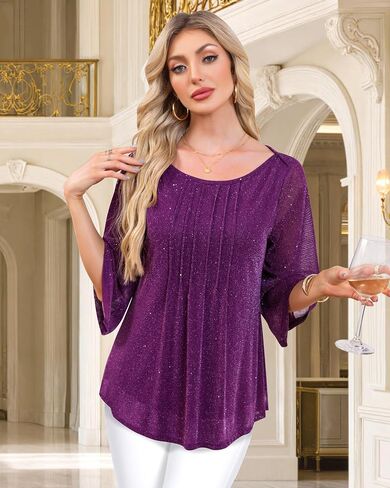 Youtalia Dressy Tops for Women Formal Elegant Blouses 3/4 Sleeve Sparkly Cocktail Party Evening Shirts in Saudi Arabia