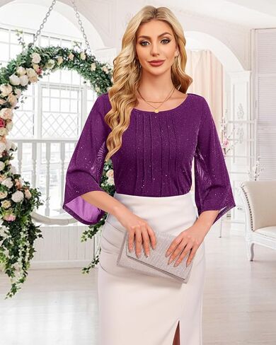 Youtalia Dressy Tops for Women Formal Elegant Blouses 3/4 Sleeve Sparkly Cocktail Party Evening Shirts in Saudi Arabia