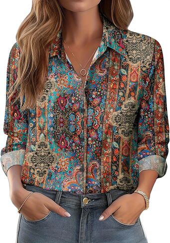 Womens Button Down Shirts Dressy Floral Long Sleeve Casual Blouses Business Work Tops 2025 Trendy Loose Fit Outfits in Saudi Arabia