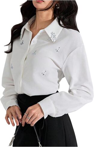 SweatyRocks Women's Long Sleeve Button Down Shirts Blouses Rhinestone Business Work Tops in Saudi Arabia