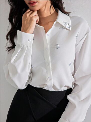 SweatyRocks Women's Long Sleeve Button Down Shirts Blouses Rhinestone Business Work Tops in Saudi Arabia