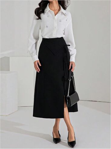 SweatyRocks Women's Long Sleeve Button Down Shirts Blouses Rhinestone Business Work Tops in Saudi Arabia