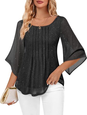 Youtalia Dressy Tops for Women Formal Elegant Blouses 3/4 Sleeve Sparkly Cocktail Party Evening Shirts in Saudi Arabia