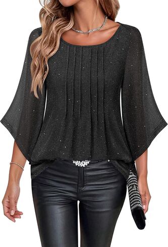 Youtalia Dressy Tops for Women Formal Elegant Blouses 3/4 Sleeve Sparkly Cocktail Party Evening Shirts in Saudi Arabia