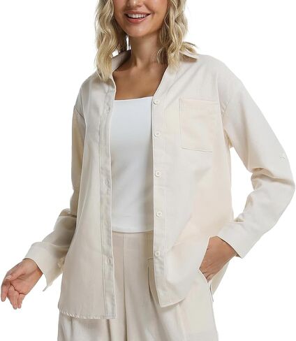 Women's Long Sleeve Linen V-Neck Button Down Blouse - Spring Tops for Seniors, Breathable Linen Shirts & Casual Clothes in Saudi Arabia
