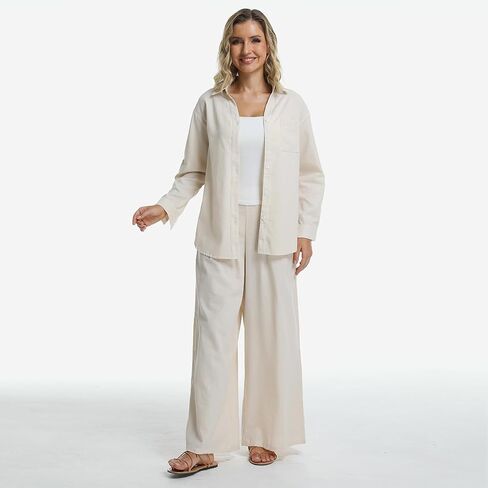 Women's Long Sleeve Linen V-Neck Button Down Blouse - Spring Tops for Seniors, Breathable Linen Shirts & Casual Clothes in Saudi Arabia