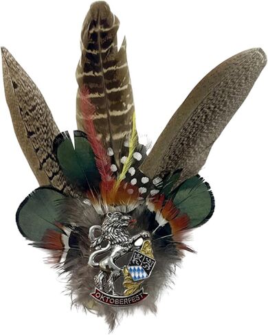 دبابيس قبعة مهرجان أكتوبر البافارية ذات الريش الملون مع لمسات وسحر معطف الأسد من الأسلحة - ملحق القبعة الألمانية لقبعات جبال الألب، أزياء مهرجان أكتوبر الزي الألماني التقليدي بواسطة Oktoberfest Haus in Kuwait
