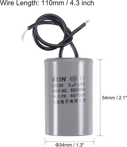 uxcell CBB60 Run Capacitor 10uF 450V AC 2 Wires 50/60Hz Cylinder 74x38mm for Air Compressor Water Pump Motor in Saudi Arabia