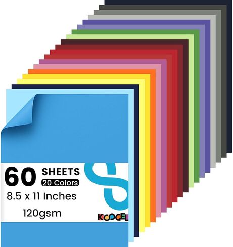 Koogel 60 Sheets Colored Card Stock Printer Paper, 120gsm/ 32lb 20 Colors Index Paper 8.5 x 11 Inches Craft Paper for DIY Scrapbooking Making Office Printing Back to School Supplies in Saudi Arabia