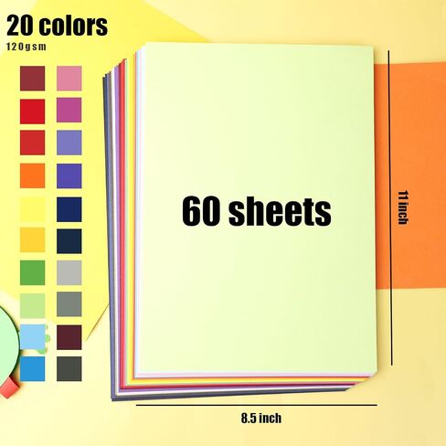 Koogel 60 Sheets Colored Card Stock Printer Paper, 120gsm/ 32lb 20 Colors Index Paper 8.5 x 11 Inches Craft Paper for DIY Scrapbooking Making Office Printing Back to School Supplies in Saudi Arabia