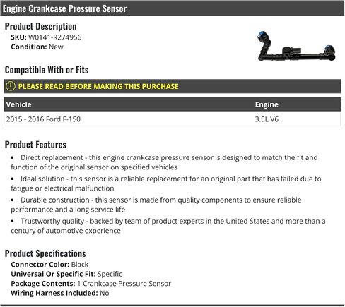 Engine Crankcase Pressure Sensor - Compatible with 2015-2016 Ford F-150 3.5L V6 in Saudi Arabia