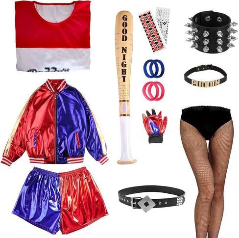 11PCS Women Halloween Cosplay Costumes Set T-Shirt Jacket Shorts Choker Bracelet Fishnet Stockings for Adult in Kuwait