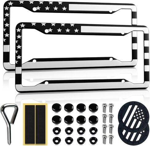 2 حزمة من إطارات لوحة ترخيص العلم الأمريكي OLLEN، واقي حامل بطاقات السيارة الوطنية الأمريكية من سبائك الألومنيوم، مع أجهزة تثبيت، أغطية مضادة للسرقة، 8 وسادات مقاومة للخشخشة، مفك براغي، أسود in Kuwait