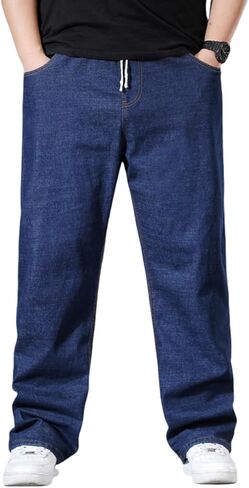 بنطال جينز رجالي بأرجل مستقيمة مقاس كبير مع خصر مرن ورباط (XL-8XL) - بنطال جينز كاجوال فضفاض قابل للتمدد in Kuwait