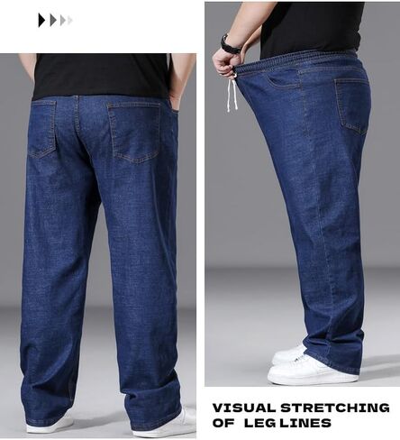 بنطال جينز رجالي بأرجل مستقيمة مقاس كبير مع خصر مرن ورباط (XL-8XL) - بنطال جينز كاجوال فضفاض قابل للتمدد in Kuwait
