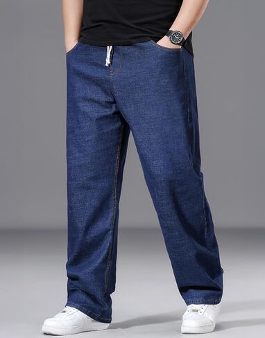 بنطال جينز رجالي بأرجل مستقيمة مقاس كبير مع خصر مرن ورباط (XL-8XL) - بنطال جينز كاجوال فضفاض قابل للتمدد in Kuwait