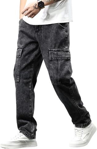 بنطال جينز رجالي واسع الأرجل غير قابل للتمدد وفضفاض بقصة الهيب هوب مع جيوب متعددة in Kuwait