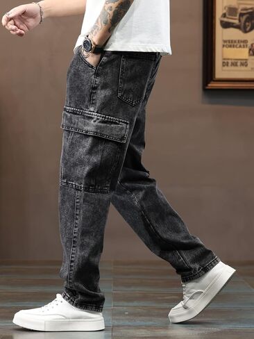 بنطال جينز رجالي واسع الأرجل غير قابل للتمدد وفضفاض بقصة الهيب هوب مع جيوب متعددة in Kuwait