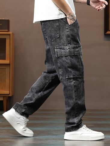 بنطال جينز رجالي واسع الأرجل غير قابل للتمدد وفضفاض بقصة الهيب هوب مع جيوب متعددة in Kuwait