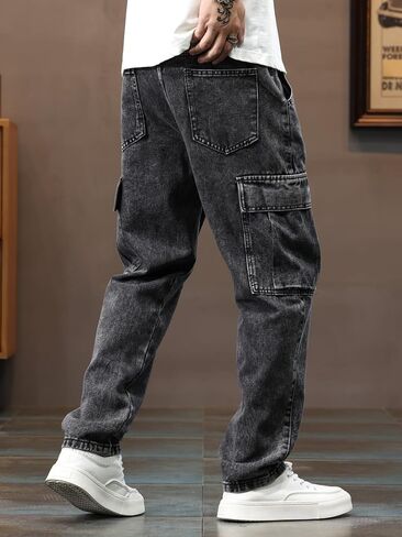 بنطال جينز رجالي واسع الأرجل غير قابل للتمدد وفضفاض بقصة الهيب هوب مع جيوب متعددة in Kuwait