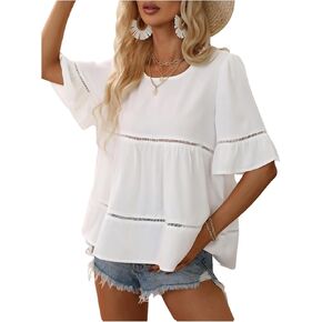 SHENHE Women's Ruffle Short Sleeve Babydoll Top Summer Dressy Casual Flowy Blouse Shirt in Kuwait