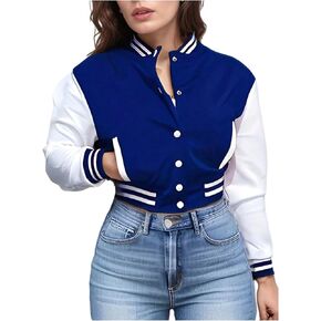 SHENHE Women's Varsity Baseball Jacket Button Down Colorblock Letterman Cropped Bomber Jacket in Kuwait