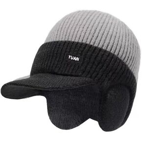 Black Beanie for Men Women, Crochet Winter Hat with Visor & Ear Flaps, Slouchy Knit Fall Hat for Boy Cold Weather in Saudi Arabia