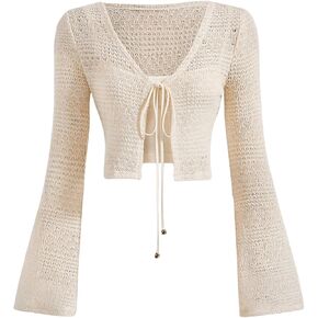 Milumia Women's Tie Front Crochet Cover Up V Neck Bell Long Sleeve Crop Cardigans in Saudi Arabia