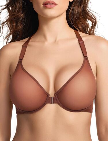 Racerback Bras for Women Mesh Front Closure Plunge See Through Unlined Sheer Underwire Bra in Saudi Arabia