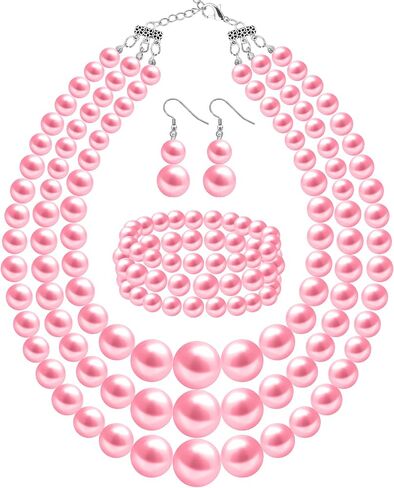 Pearl Jewelry Set for Women Layered Faux Pearl Necklace and Bracelet Earrings for Wedding Party in Kuwait