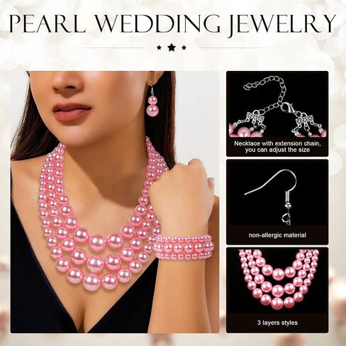 Pearl Jewelry Set for Women Layered Faux Pearl Necklace and Bracelet Earrings for Wedding Party in Kuwait