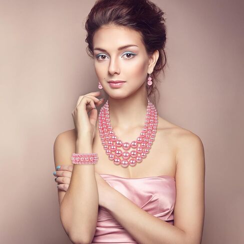Pearl Jewelry Set for Women Layered Faux Pearl Necklace and Bracelet Earrings for Wedding Party in Kuwait