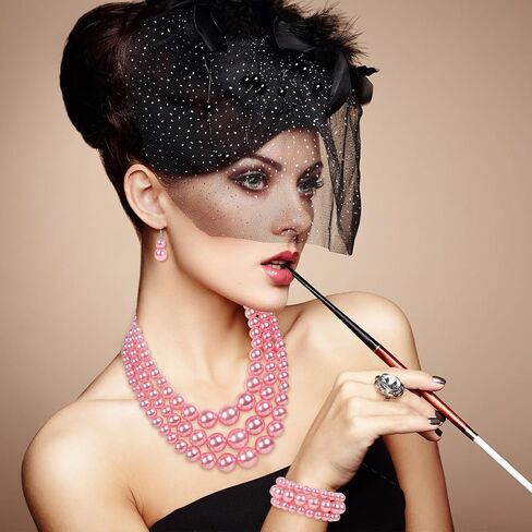 Pearl Jewelry Set for Women Layered Faux Pearl Necklace and Bracelet Earrings for Wedding Party in Kuwait