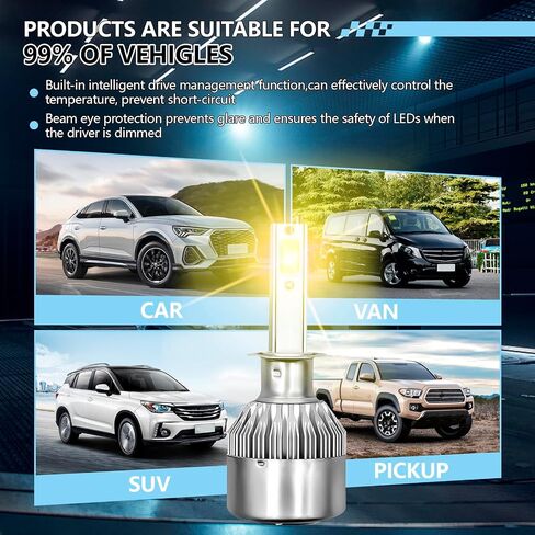 2 قطعة 9005/HB3 مصباح LED للسيارة، 3800LM 6000K مقاوم للماء للسيارة C6 ضوء الضباب عالي ومنخفض الشعاع، استبدال لمبة التوصيل والتشغيل العالمية، ملحقات السيارة (أبيض) in Kuwait