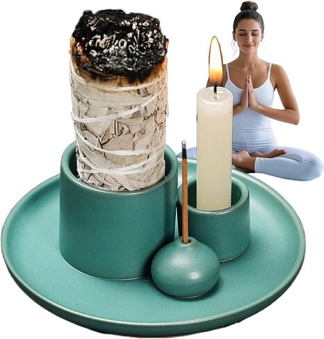 4 - in - 1 Ceramic Incense Burner: Holds Incense Sticks, Palo Santo Sage. Features Ash Catcher Tray. Also a Candle Holder. Handmade, Ideal for Meditation Yoga, Easy to Clean in Saudi Arabia