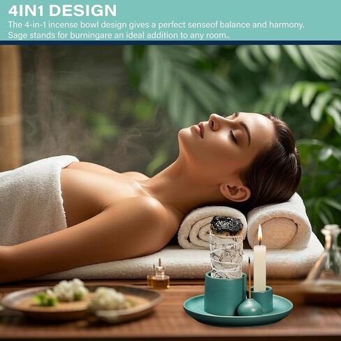 4 - in - 1 Ceramic Incense Burner: Holds Incense Sticks, Palo Santo Sage. Features Ash Catcher Tray. Also a Candle Holder. Handmade, Ideal for Meditation Yoga, Easy to Clean in Saudi Arabia