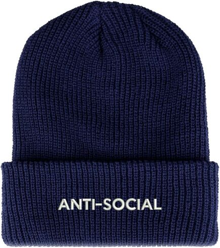 Trendy Apparel Shop Anti Social Embroidered Ribbed Cuffed Knit Beanie in Saudi Arabia