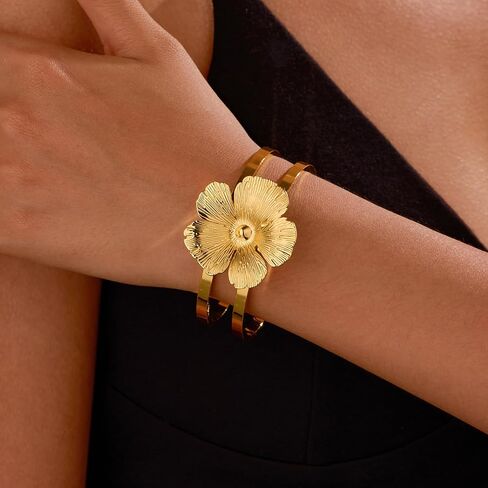 Elegant Gold-Plated Cuff Bracelet for Women, Floral & Butterfly Design Chunky Statement Piece, Hypoallergenic Fashion Jewelry Gift in Saudi Arabia