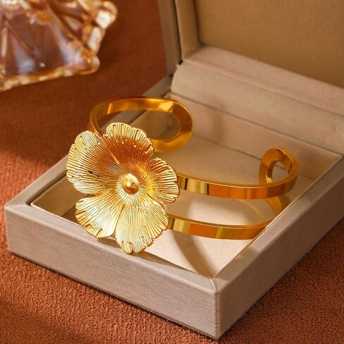 Elegant Gold-Plated Cuff Bracelet for Women, Floral & Butterfly Design Chunky Statement Piece, Hypoallergenic Fashion Jewelry Gift in Saudi Arabia