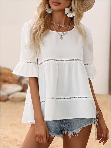 SHENHE Women's Ruffle Short Sleeve Babydoll Top Summer Dressy Casual Flowy Blouse Shirt in Saudi Arabia
