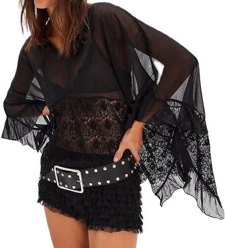 Women's Sheer Poncho Top Y2K Batwing Sleeve Loose Fit See-through Mesh Cape Shirt Cover-up Sexy Lace Floral Blouses in Saudi Arabia