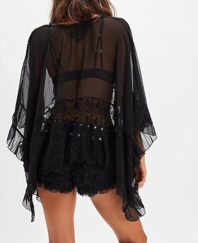 Women's Sheer Poncho Top Y2K Batwing Sleeve Loose Fit See-through Mesh Cape Shirt Cover-up Sexy Lace Floral Blouses in Saudi Arabia
