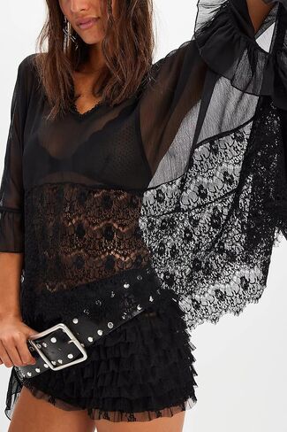 Women's Sheer Poncho Top Y2K Batwing Sleeve Loose Fit See-through Mesh Cape Shirt Cover-up Sexy Lace Floral Blouses in Saudi Arabia