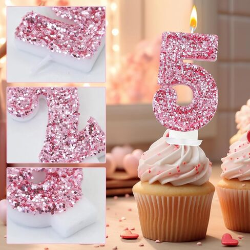 Birthday Number Candles, Glitter Number Candle Cake Decorations with Sequins, Cupcake Decorations for Girls, Women, Party Anniversary Celebrations (Number 5, Pink) in Kuwait
