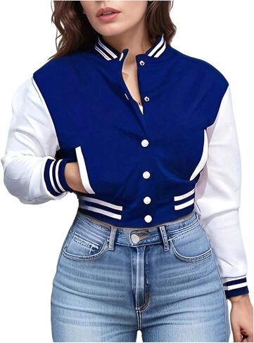 SHENHE Women's Varsity Baseball Jacket Button Down Colorblock Letterman Cropped Bomber Jacket in Kuwait